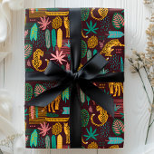 ヒョウ猫熱帯パープルジャングルパターン ラッピングペーパー