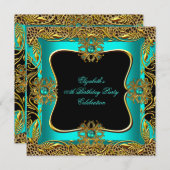 ヒョウ玉ティール(緑がかった色)金ゴールドジュエルブラックバースデーパーティー 招待状 (正面/裏面)