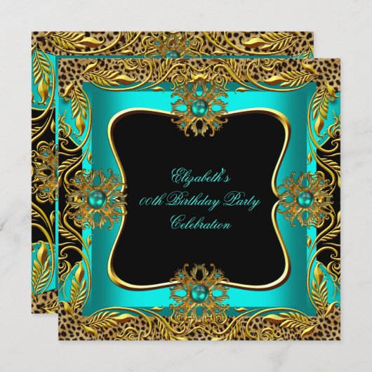 ヒョウ玉ティール(緑がかった色)金ゴールドジュエルブラックバースデーパーティー 招待状 (正面/裏面)