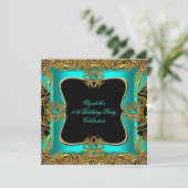 ヒョウ玉ティール(緑がかった色)金ゴールドジュエルブラックバースデーパーティー 招待状 (スタンド正面)