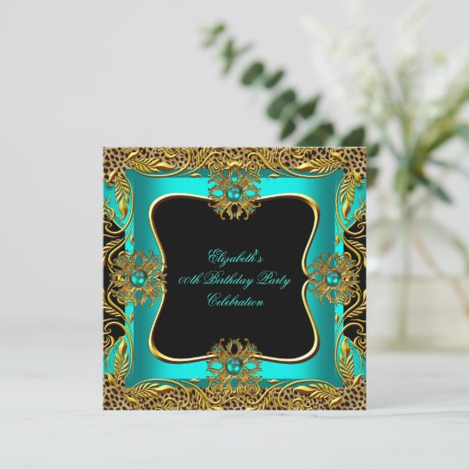 ヒョウ玉ティール(緑がかった色)金ゴールドジュエルブラックバースデーパーティー 招待状 (スタンド正面)