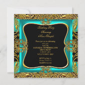 ヒョウ玉ティール(緑がかった色)金ゴールドジュエルブラックバースデーパーティー 招待状 (裏面)