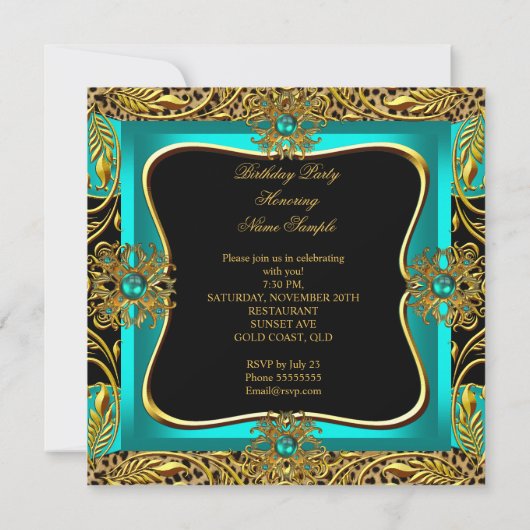 ヒョウ玉ティール（緑がかった色）金ゴールドジュエルブラックバースデーパーティー 招待状 (裏面)