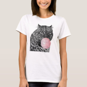 ヒョウ白黒ピンクバブルガム Tシャツ