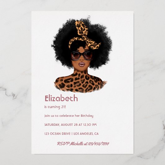 ヒョウ皮アフロバースデーパーティーフォイル招待状 箔招待状 (裏面)