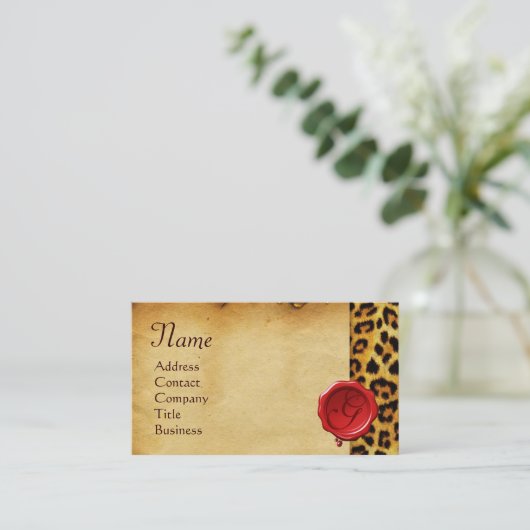 ヒョウ皮、赤ワックスシールパーチメントモノグラム 名刺 (スタンド正面)