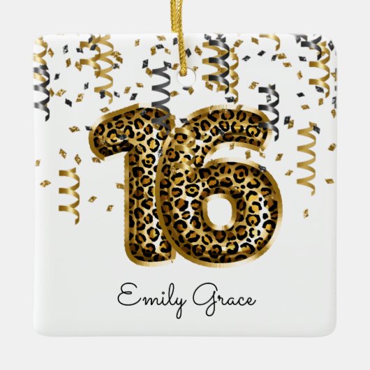 ヒョウ箔16誕生日バルーン写真ギフトティーン セラミックオーナメント (正面)