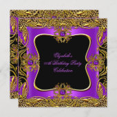 ヒョウ紫金ゴールドジュエルブラックバースデーパーティー 招待状 (正面/裏面)