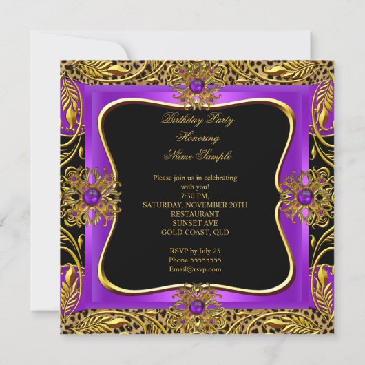 ヒョウ紫金ゴールドジュエルブラックバースデーパーティー 招待状 (裏面)