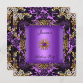 ヒョウ紫金ゴールドブラック誕生日パーティーフローラ 招待状 (正面/裏面)