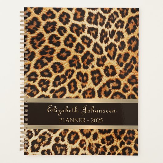 ヒョウ茶色のブロンズ模様金ゴールドフォイルストライプ名 プランナー手帳 (正面)