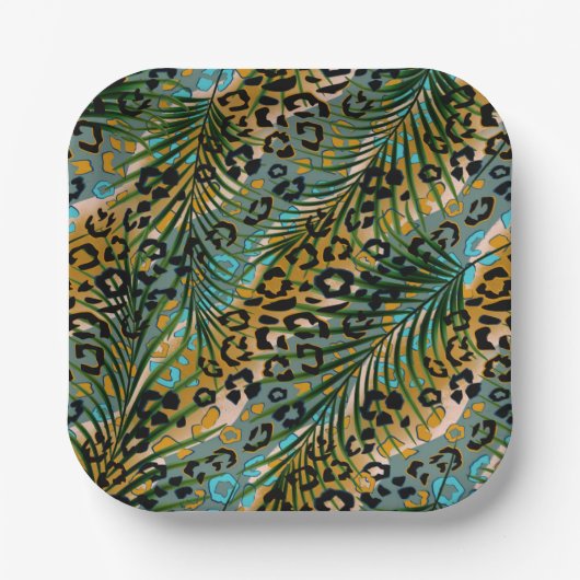 ヒョウ葉の背景にヤシの花。 ペーパープレート (正面)