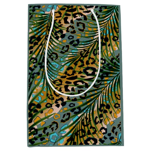 ヒョウ葉の背景にヤシの花。 ミディアムペーパーバッグ (正面)