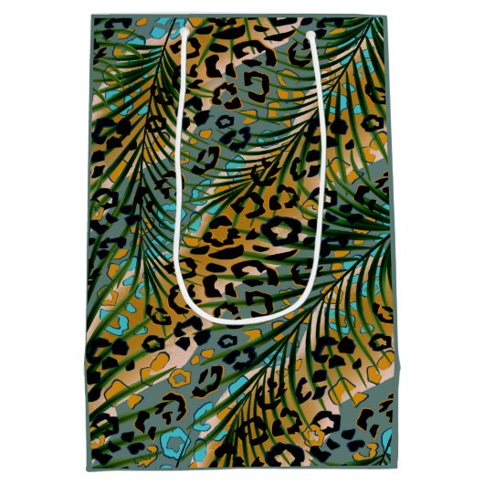 ヒョウ葉の背景にヤシの花。 ミディアムペーパーバッグ (裏面)