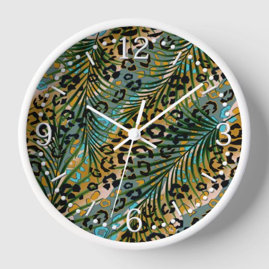 ヒョウ葉の背景にヤシの花。 壁時計 (正面)