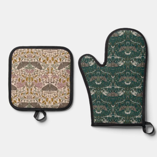 ヒョウ蛾とハニーサックル植物ヴィンテージ 鍋つかみ&鍋敷きセット (正面)
