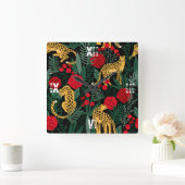 ヒョウ赤いローゼアニマルサファリグリーン葉ズ スクエア壁時計 (ホーム)