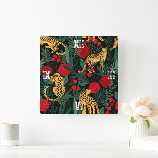 ヒョウ赤いローゼアニマルサファリグリーン葉ズ スクエア壁時計 (ホーム)