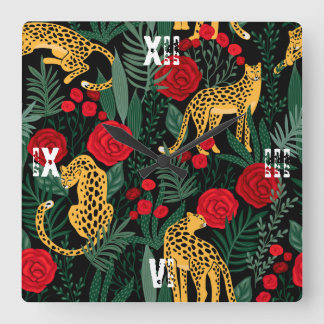 ヒョウ赤いローゼアニマルサファリグリーン葉ズ スクエア壁時計