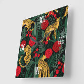 ヒョウ赤いローゼアニマルサファリグリーン葉ズ スクエア壁時計 (傾斜)