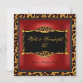 ヒョウ赤金ゴールドブラックバースデーパーティワイルド50 招待状 (正面)