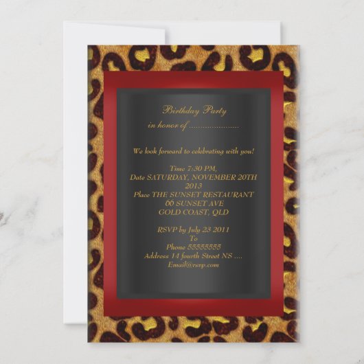 ヒョウ赤金ゴールドブラック誕生日エレガントヴィンテージ 招待状 (裏面)