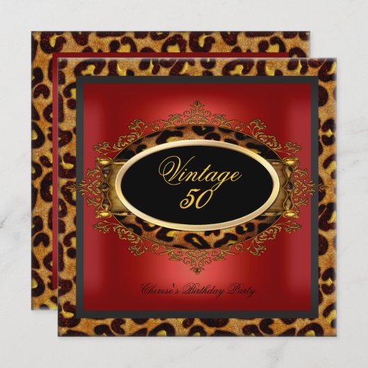 ヒョウ赤金ゴールドブラック誕生日パーティーヴィンテージ50 招待状 (正面/裏面)