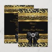 ヒョウ金ゴールドバースデーパーティーエレガントドダイヤモンドブラック 招待状 (正面/裏面)