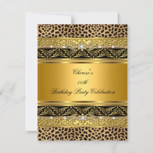 ヒョウ金ゴールドバースデーパーティーエレガントドダイヤモンドブラック 招待状 (正面)