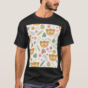 ヒョウ頭熱帯植物パターン Tシャツ