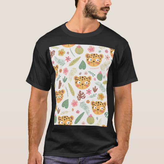 ヒョウ頭熱帯植物パターン Tシャツ (正面)