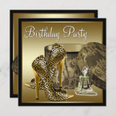 ヒョウ高ヒールシューズブラック金ゴールド女性誕生日 招待状 (正面/裏面)