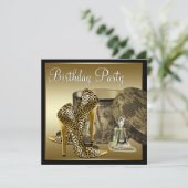 ヒョウ高ヒールシューズブラック金ゴールド女性誕生日 招待状 (スタンド正面)