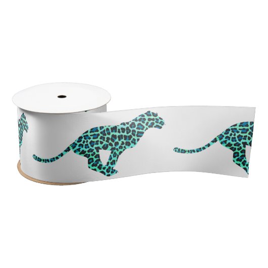 ヒョウ黒とティール(緑がかった色)プリント サテンリボン (リール)