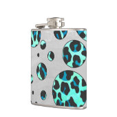 ヒョウ黒とティール(緑がかった色)プリント フラスク (左)