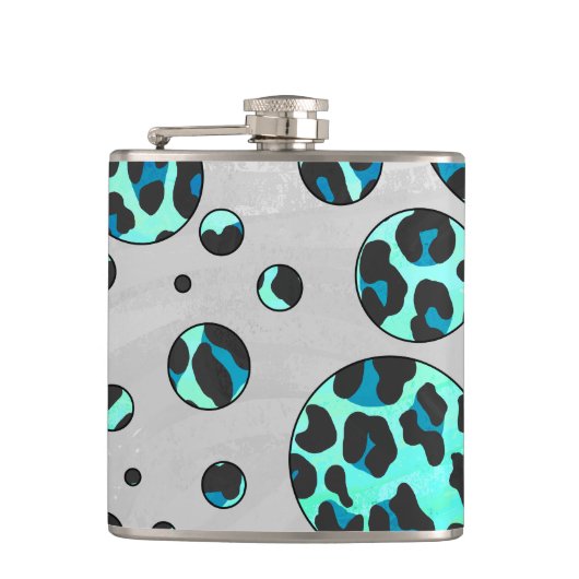 ヒョウ黒とティール(緑がかった色)プリント フラスク (正面)