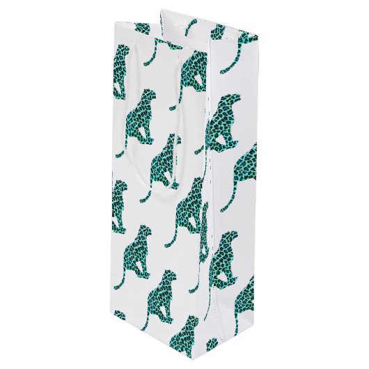 ヒョウ黒とティール（緑がかった色）プリント ワインギフトバッグ (正面アングル)