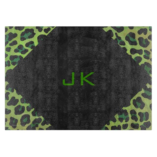 ヒョウ黒と緑とモノグラム カッティングボード (正面)