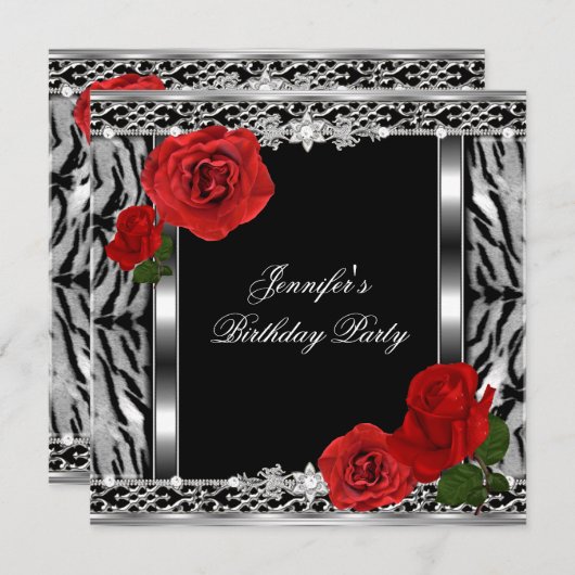 ヒョウ黒誕生日赤いバラ花任意の年齢 招待状 (正面/裏面)