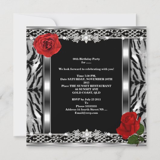 ヒョウ黒誕生日赤いバラ花任意の年齢 招待状 (裏面)
