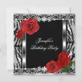 ヒョウ黒誕生日赤いバラ花任意の年齢 招待状 (正面)