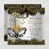 ヒョウ黒金ゴールドマスクマスカレード誕生日パーティー 招待状 (正面/裏面)