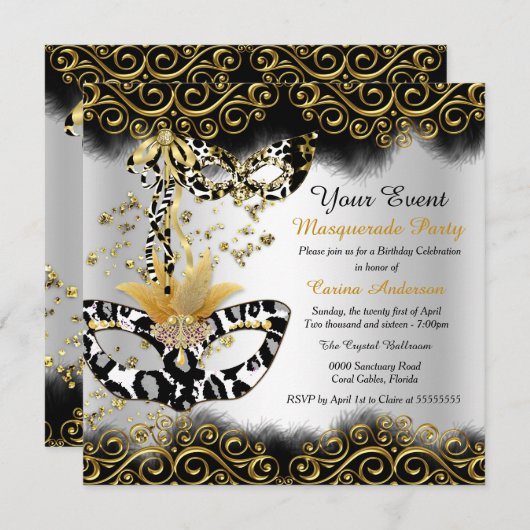 ヒョウ黒金ゴールドマスクマスカレード誕生日パーティー 招待状 (正面/裏面)