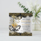 ヒョウ黒金ゴールドマスクマスカレード誕生日パーティー 招待状 (スタンド正面)