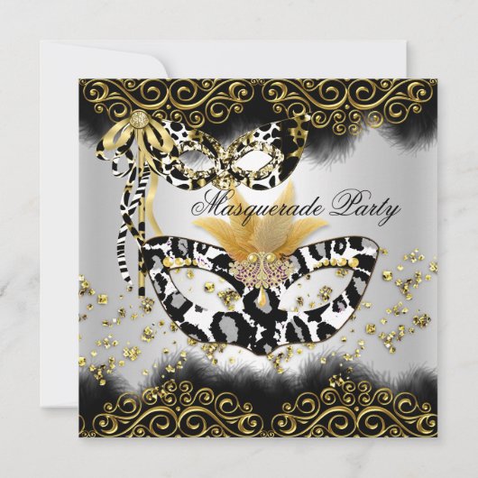 ヒョウ黒金ゴールドマスクマスカレード誕生日パーティー 招待状 (裏面)