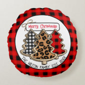 ヒョウ、ギンガム、バッファローのクリスマスツリー ラウンドクッション (正面)