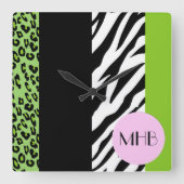 ヒョウ，ゼブラ，アニマルプリント，緑，モノグラム スクエア壁時計 (正面)