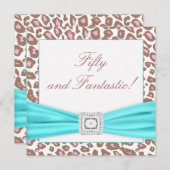 ヒョウ・ピンクブラウンティール（緑がかった色）女性50th誕生日パーティー 招待状 (正面/裏面)