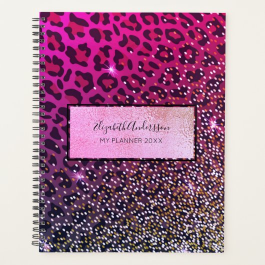 ヒョウ・ピンク紫の黒スパークルグラムガーリー2023 プランナー手帳 (正面)