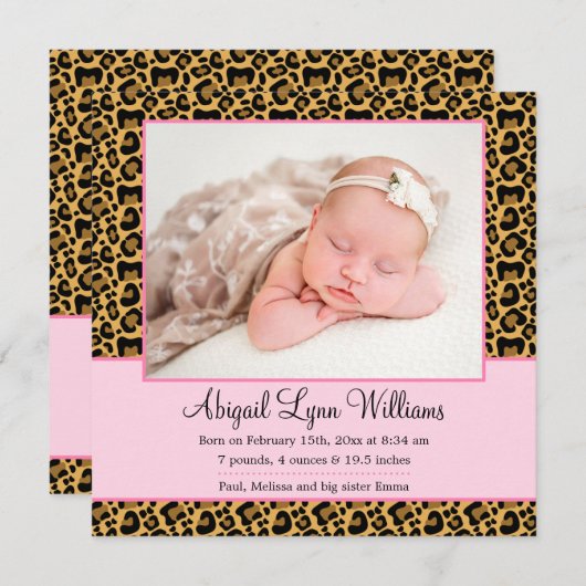 ヒョウ・ピンク・ガール写真誕生のお知らせ 案内状 (正面/裏面)